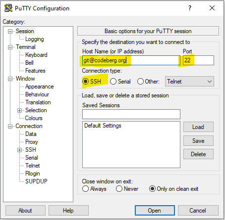 Putty SSH client set to connect to git@codeberg.com